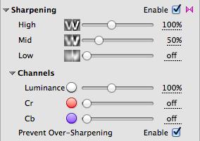 Use the Sharpening: High, Mid and Low sliders to adjust the amount of sharpening applied to the details of the corresponding size. 0% will not sharpen the component at all.