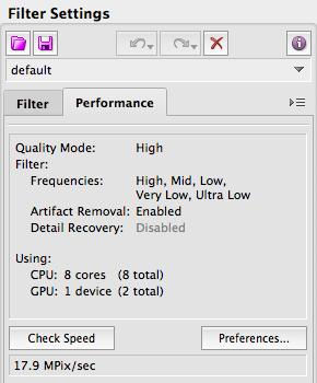 To check the current speed and to optimize the performance settings switch to the Performance tab in the Filter Settings box. To measure the filter speed click the bottom of the Performance tab.
