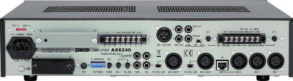 The numerous functions offered by the AX6000 range include three output lines (to zones), CAT5 links to the microphone stations for calling the zones, priority emergency calls to single zones or