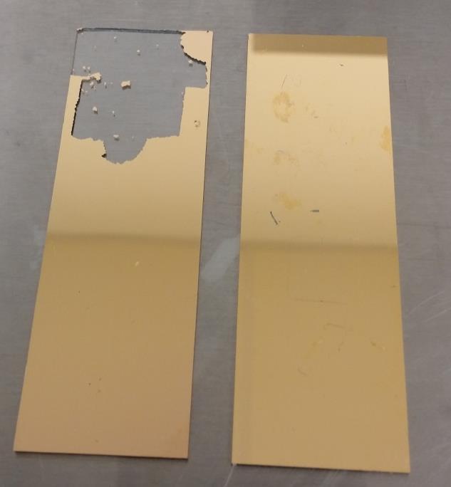 4.3 Wire Connection Figure 15: One gold sputtered and one chromium then gold sputtered Pyrex slide which have both undergone identical peel-off testing.
