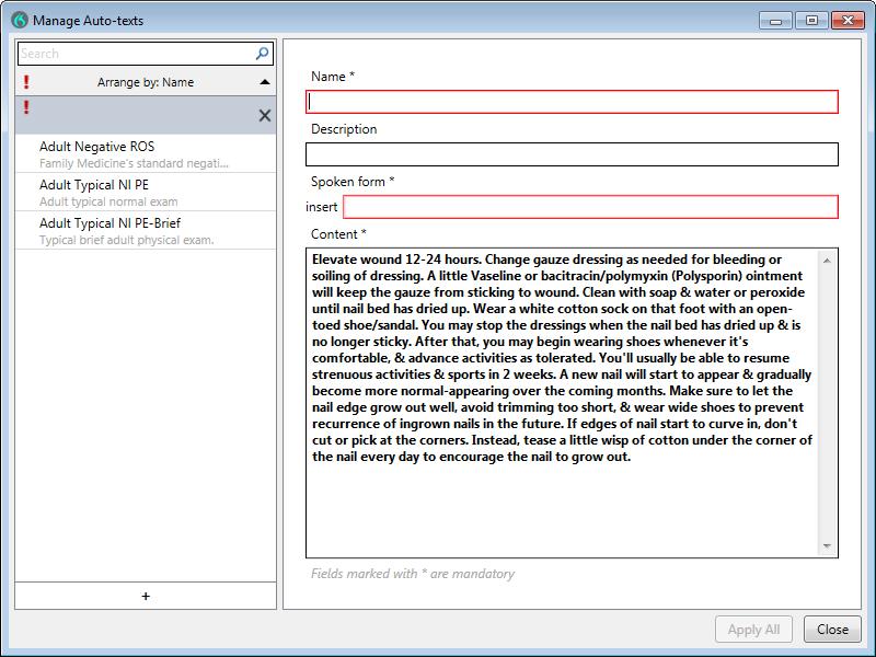 The Manage Auto-Text window will appear: Type a Name and Spoken form.