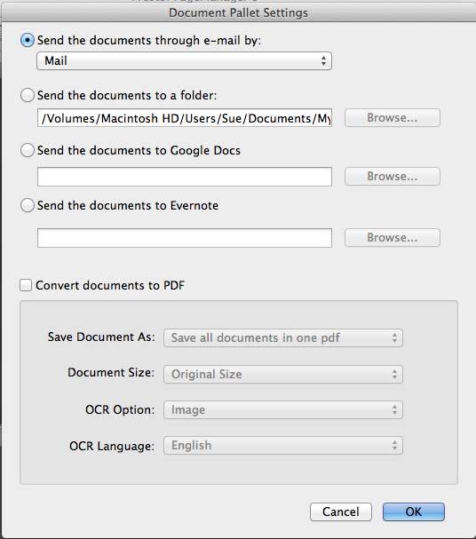 Modificarea setărilor opţiunii Document Pallet (Palet documente) Puteţi modifica setările opţiunii Document Pallet (Palet documente) făcând clic pe pictograma Settings (Setări).