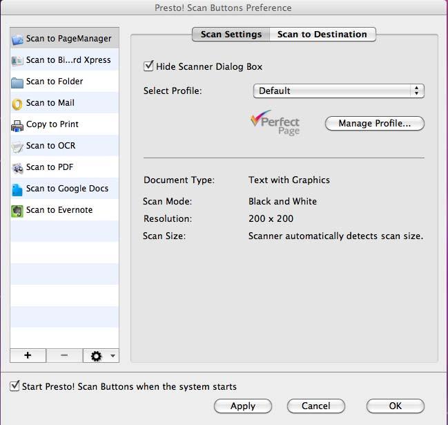 Configurarea preferinţelor pentru butoanele Presto! Scan (Scanare Presto!) Fila Scan Settings (Setări scanare) Puteţi personaliza butoanele Presto! Scan (Scanare Presto!) în Scan Preferences (Preferinţe scanare).
