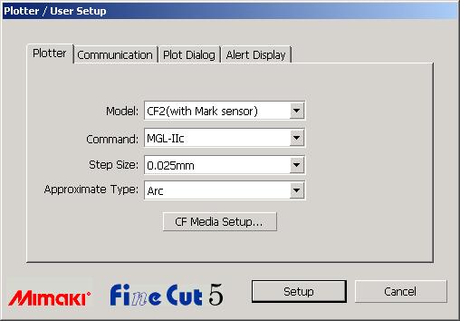 Plotter/User Setup Set the communication conditions to enable communication between FineCut and the plotter.