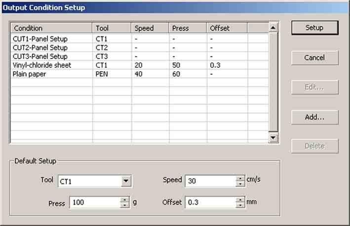 <Output Condition Setup> Click Media Setup button in the Plotter setup dialog to display the Output Condition Setup.