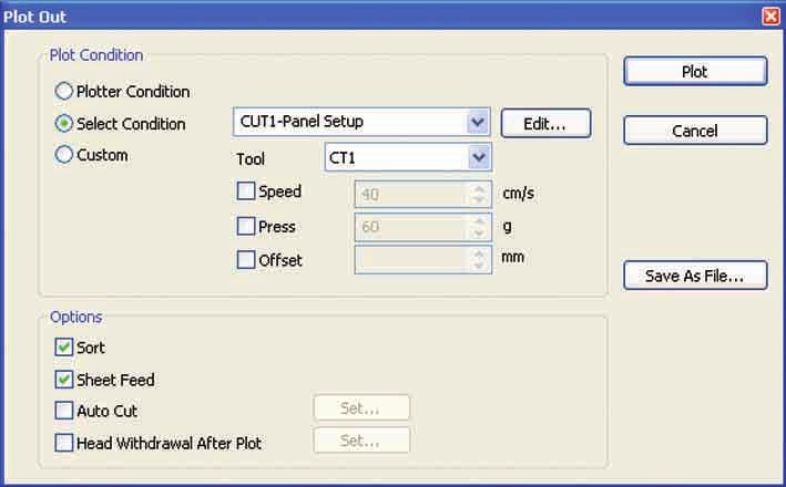 Plot Out Dialog When clicking Plot button, the Plot Out dialog appears. 1) Plot Select the output condition. Plotter Condition : Plots by the output condition on the plotter.