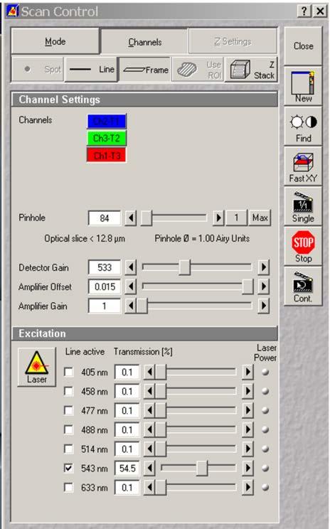 To adjust the intensity levels of your image, click on the Channels tab, and click on the button of the wavelength channel you want to work on. Pinhole should be set to 1 Airy unit.
