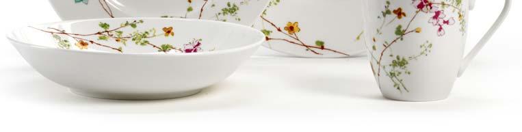 Dishwasher and microwave safe, the four-piece place setting includes a dinner plate, a salad