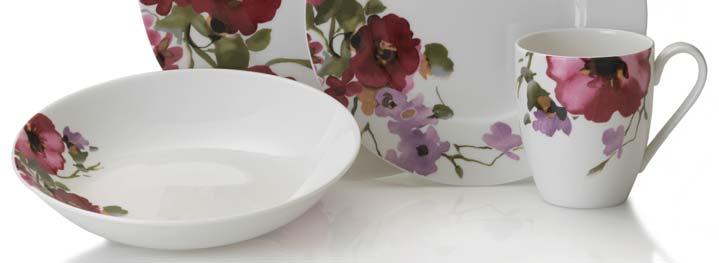 A four-piece place setting includes a dinner plate, a salad plate, a soup bowl and a mug for a suggested retail price of $49.99. Accessory pieces include an oval platter and a vegetable bowl.