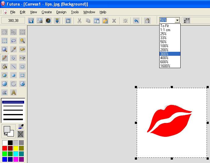 The screen will now show the lips in the center area on the screen. There are many tools that can be used to edit the graphic file. At first glance the lips image appears to be rather clean.