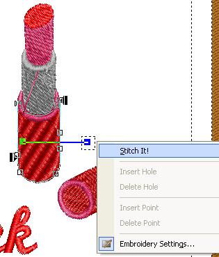14. Editing the Design: Use the Editing tools to add more interest to the design. In this example, the type of stitch used for the lipstick case has been changed to add dimension.