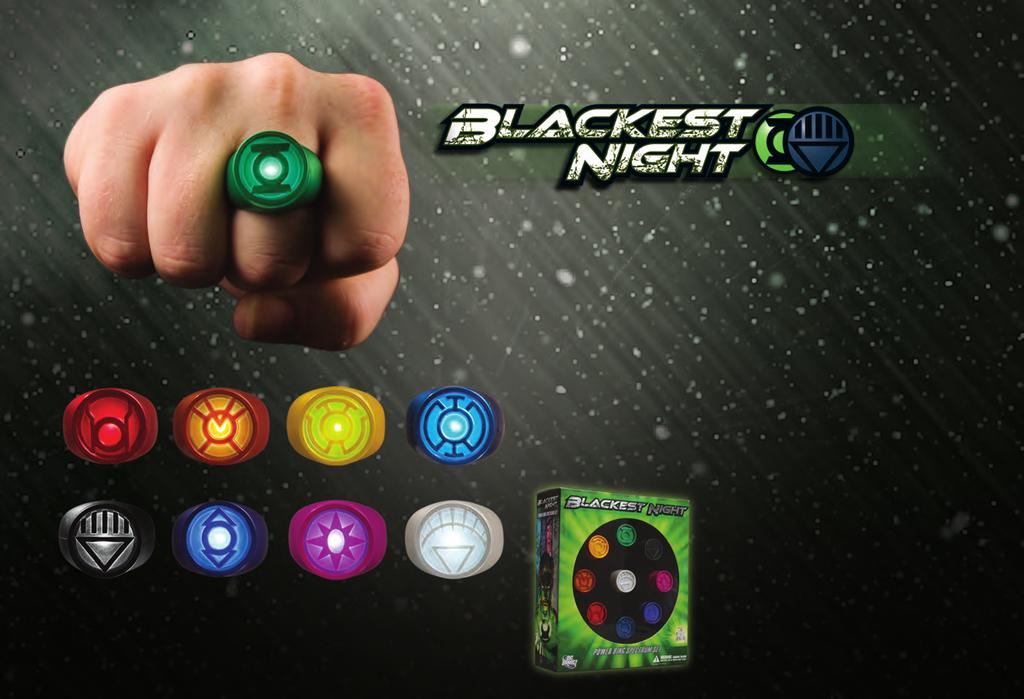 Featuring designs that are authentic to the comic, each of these nine wearable, adjustable plastic rings (one each in red, orange, yellow, green, blue, indigo and violet, plus black and white) lights