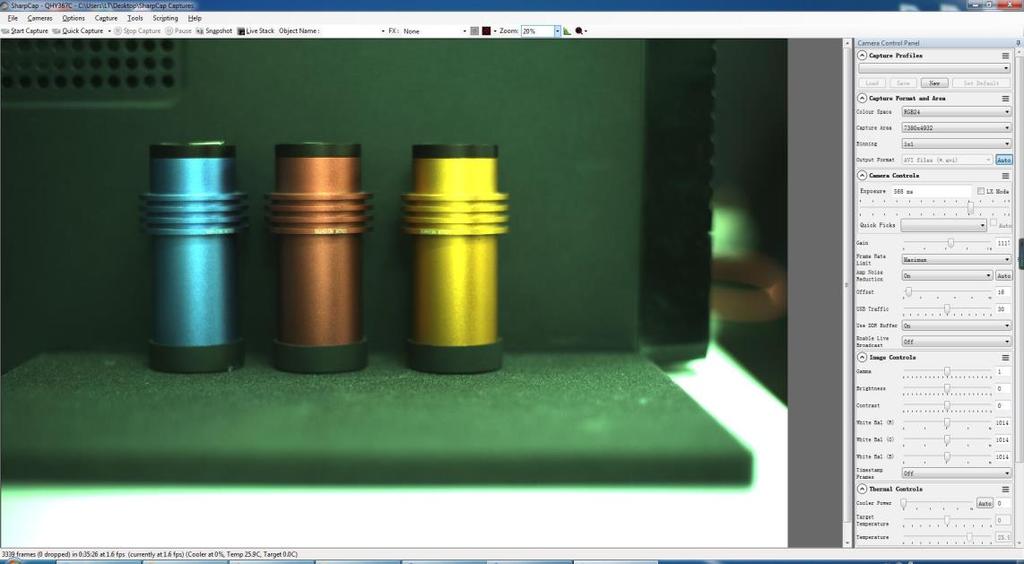 03 Color Balance Adjustment SharpCap will start at the default RGB balance for color camera. Here is the screenshot of the QHY367C start up.