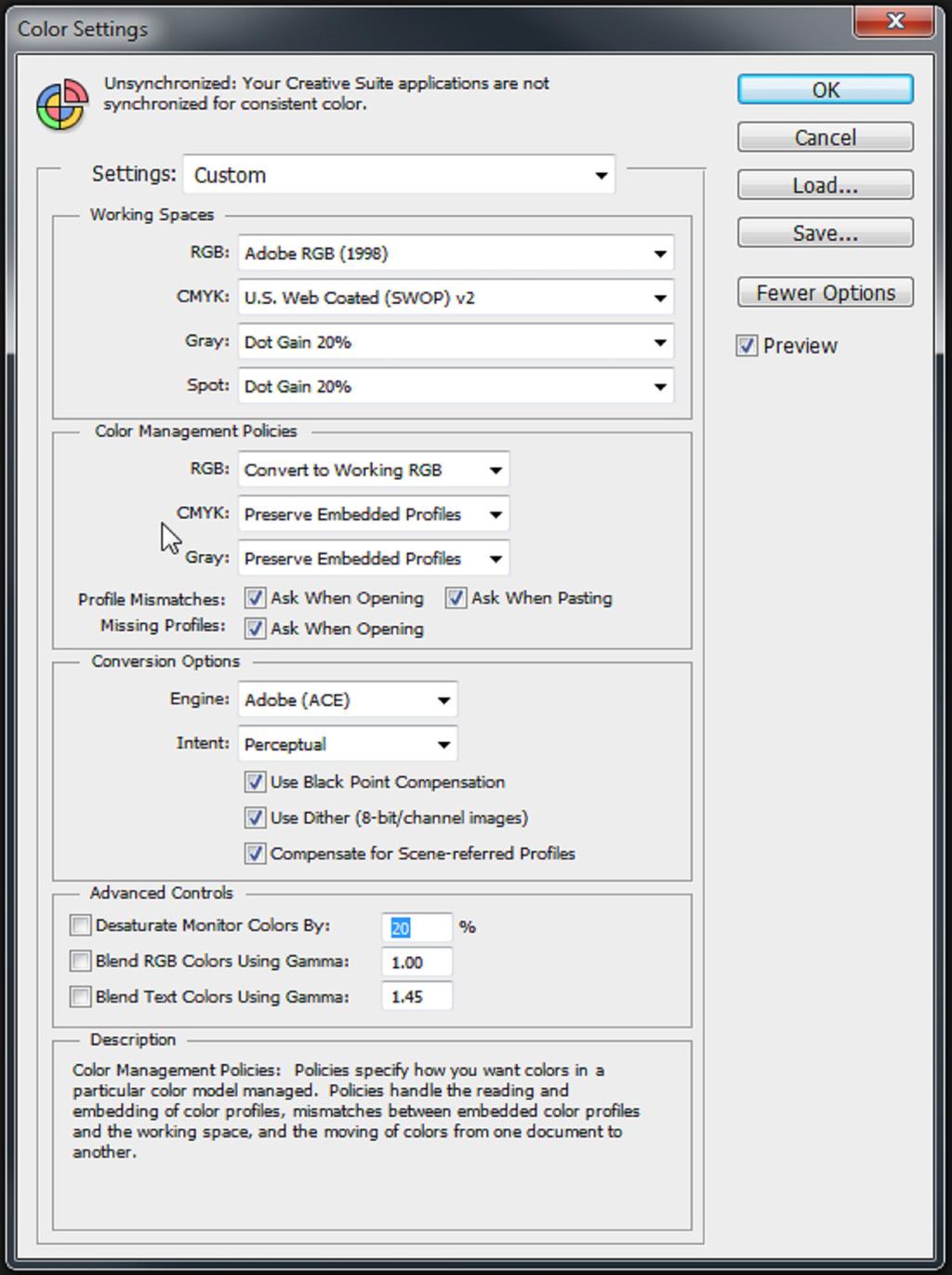 Configurtion Guide - Photoshop CS/CC Swgrss SG400/800 2. In the Color Settings window tht opens, mtch your settings to those shown elow. See Figure 2. s c d e p k i j f g h l m n o Figure 2.