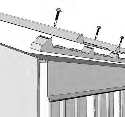 Attach eave trim with (3) screws per piece at both ends and in the middle of the eave trim.