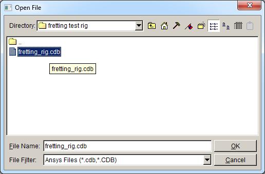 Figure 2.2.3 Open File dialog for selecting the fretting model file. Figure 2.2.4 Fretting results files selection dialog.