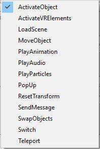 Actions This section described all the actions that are currently available in VR Easy. Actions can be used as single but you can also trigger multiple actions at the with one button or trigger.