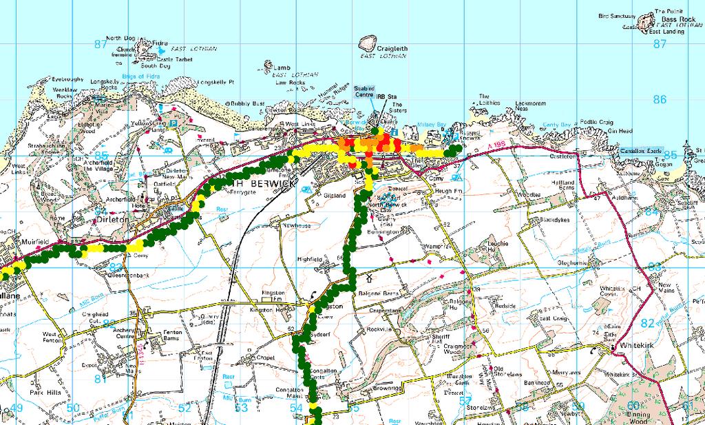 Tech 3357 Figure G32: North Berwick coverage, 16-QAM, rate 1/2 Finally, North Berwick shows the eastern edge of coverage with impairments in the town centre for both 4-QAM and 16-QAM. G9.
