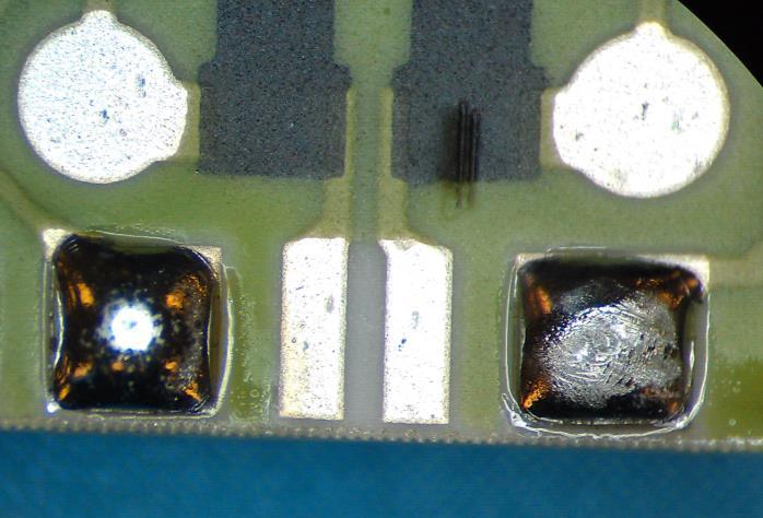 Figure 1: Examples of a Pb-containing solder joint (left) and a typical finished surface of a Pb-free solder joint (right) A reflow soldering profile for Pb-free soldering requires a higher melting