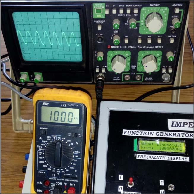 P. KanakaRaju and M. PurnaChandra Rao 269 7e. Function generator at a frequency of 1Mhz (Function: sinusoidal wave on the CRO screen) Multimeter shows 1000 KHz, LCD shows 1000008 Hz 7f.