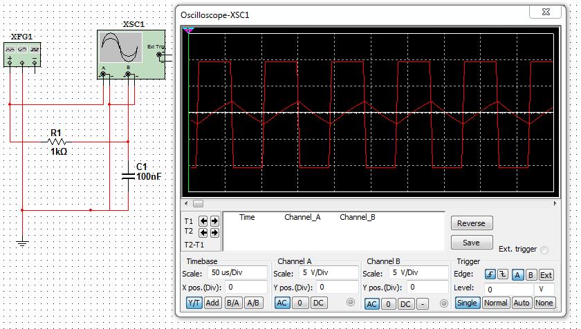 Figure 2. Low Pass circuit simulation using National Instruments Multisim Software. At frequencies above the corner frequency the circuit behaves as an integrator.