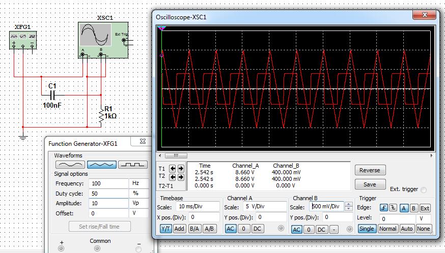 Figure 5. Hi-pass filter acting as an integrator. The input is a low frequency (1 Hz ) triangular wave and the output is a square wave. 7.