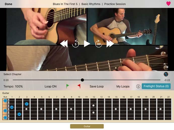 Here you can view the video full screen and show or hide the virtual fretboard by tapping this button.