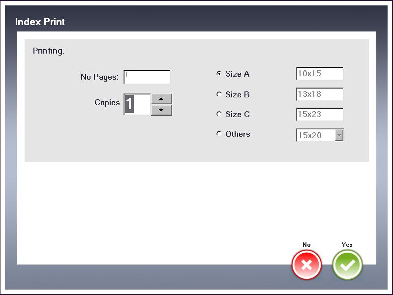 2) The number of Copies (A) can be increased and the print out size (B) chosen. 3) Press Yes (C) to print. 4.3.7 Explorer You can navigate through subfolders of WorkFolder by clicking this icon.