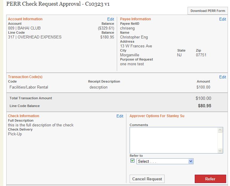 Referring a Request Click the checkbox under Approver Options