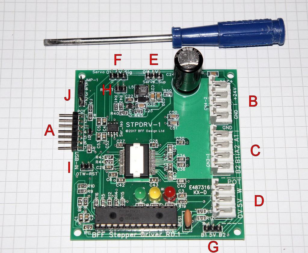 2. Card Connections Refer to the lettered photo below A. 7 Pin right-angled Header for FTDI USB/TTL cable (PC1). Note orientation of cable connection (pin 1 at top see image on front page).