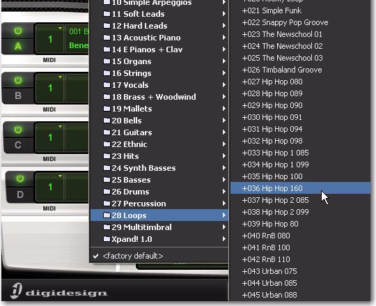 4 Now let s load a sound. Click the Librarian menu (<factory default>) and choose a preset from the Loops sub-menu.