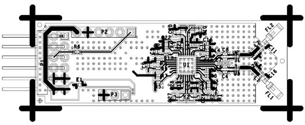 Application Note EVALUATION BOARD LAYOUT Figure 12 shows the PCB layout of the EVAL-ADF7242-PMDZ, emphasizing the location of two orthogonally mounted chip antennas (FL1 and FL2).