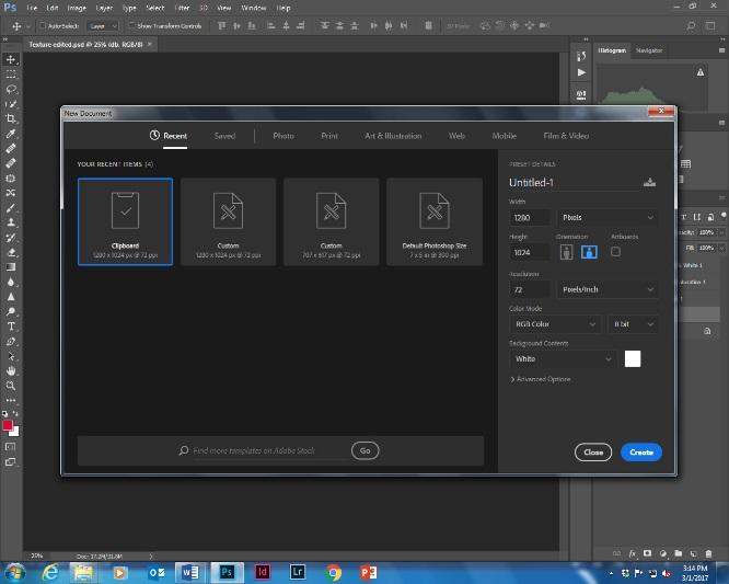 Then, in Photoshop go to File > New and this will appear on your screen Make sure Clipboard is selected and click on Create