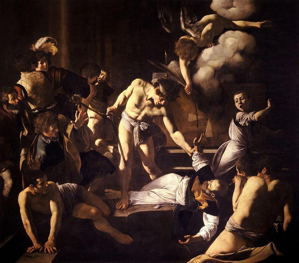 The Martyrdom of Saint Matthew by Caravaggio Painted in 1599-1600, this piece uses strong contrasts of light and dark, chiaroscuro, to provide drama, as well as the hugely exaggerated positions and