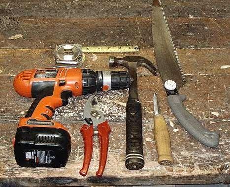 step 2: Tools and Fasteners Tools Drill, Preferably cordless, with keyless chuck Tape measure Hammer Pruners knife (I REALLY like the cheap Sweedish carving knives like the one shown here Get them
