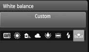 When the menu reappears, press the <M> button to exit the menu. Select the custom white balance. Press the <WB> button. Select [O], then press <0>.