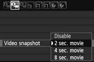 3 Taing Video Snapshots You can easily create a short movie with the video snapshot function. A video snapshot is a short movie clip lasting 2 sec., 4 sec., or 8 sec.