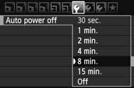 Handy Features 3 Setting the Auto Power-off Time To save battery power, the camera turns off automatically after the set time of idle operation elapses. You can set this auto power-off time.