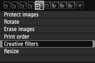 U Creative Filters You can apply the following Creative filters to an image and save it as a new image: Grainy B/W, Soft focus, Fish-eye effect, Toy camera effect, and Miniature effect.
