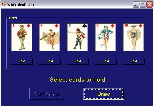 Game sequence: Start: Game started using the Player s NewGame method, which triggers the OnDataReadyStart event (handler must enable Draw button): Cards-to-hold selected