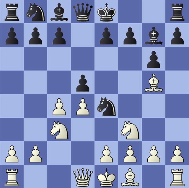 b4 with a minority attack structure much like the Queen s Gambit Exchange Variation.; 6.Bh4 Nxc3 7.bxc3 dxc4 8.e3 b5 9.a4 c6 10.