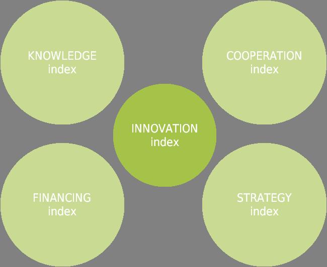 Diagram 2 INNOVATION indices, KNOWLEDGE, COOPERATION, FINANCING and STRATEGY As regards the SECONDARY INDICES (Diagram 2), the questions have been grouped following inverse logic.