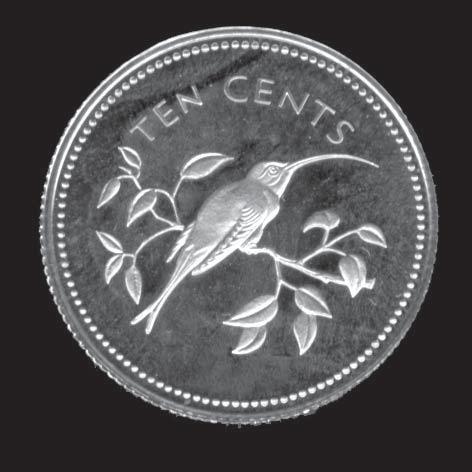BELIZE BELIZE, BRITISH COLONY of TEN CENTS 17MM.925 FINE 2.77 GRAMS 1974 31,368 proof OV: TEN CENTS / The long-tailed fly catcher on branch, within outer circle of pearls.