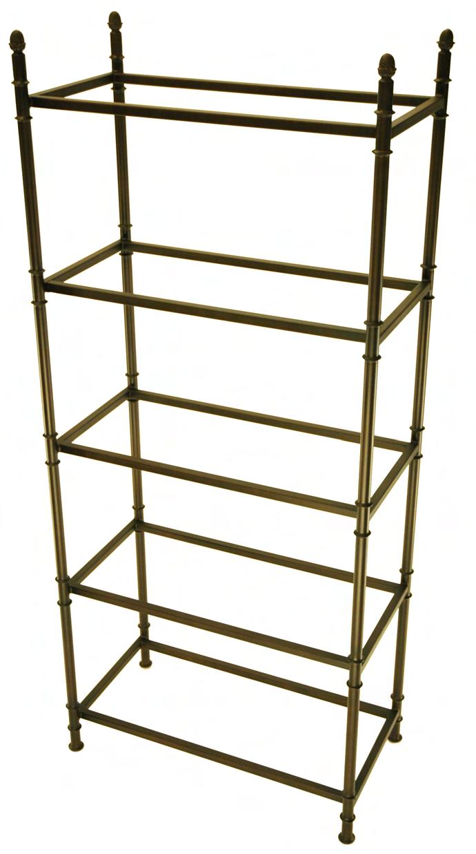 LEANDER ETAGERE Dimensions: 42 W x 18 D x 83 H available in custom sizes Frame Material: 1-1/4 diameter legs 1