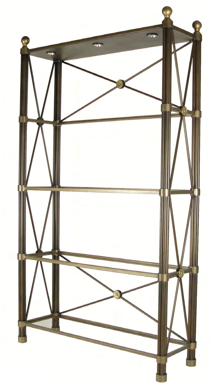 ODESSA ETAGERE Dimensions: 58 W x 18 D x 96 H available in custom sizes Frame Material: leg diameter: 4-way bundle of 1 rounds 1 square