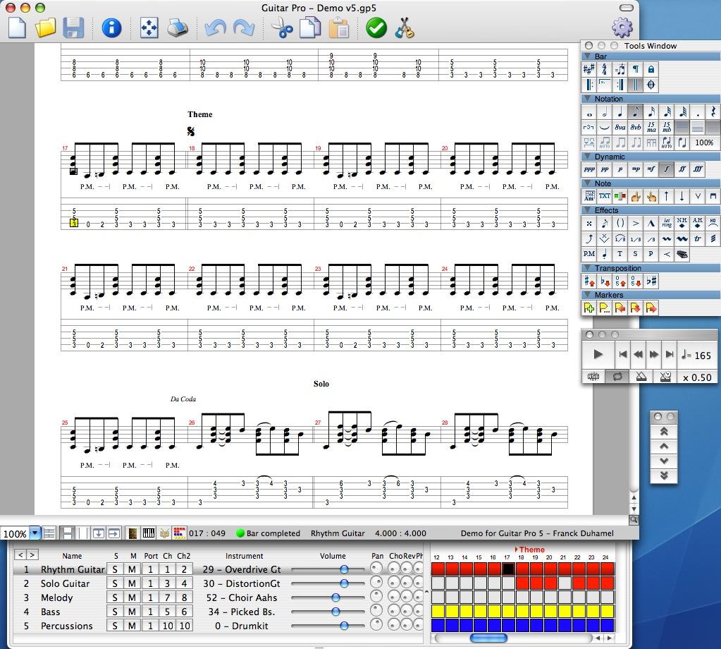 Guitar Pro 5 Macintosh version specifications Using Guitar Pro General toolbar Floating panels Score Edition Area Display options Mix table Global View Files compatibily All the Guitar Pro files
