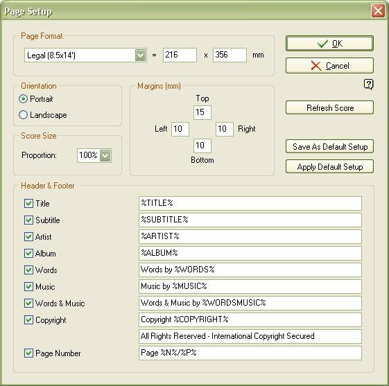 Guitar Pro 5 Print a Score Page Setup The File > Page Setup [F8] menu allows to adjust the page settings parameters: Paper Format, Orientation and Margins: Allows to define dimensions, orientation