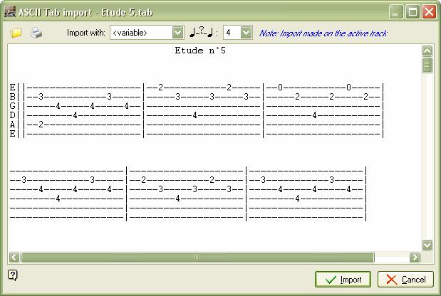 Using Guitar Pro ASCII Import Definition: The ASCII format is a textual representation of tablature, in which the lines are represented by dashes.