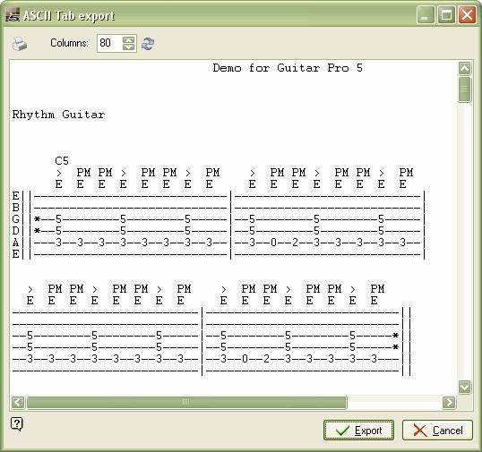 Using Guitar Pro ASCII Export Definition: The ASCII format is a textual representation of tablature, in which the lines are represented by dashes.