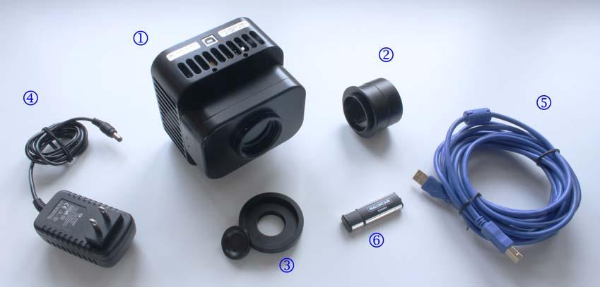 Section 1: Supplied components 1 MallinCam Universe CCD imaging camera 2 T-mount to 2 threaded camera nosepiece adapter 3 1.25 eyepiece adapter converter This is part of the protective metal cap.